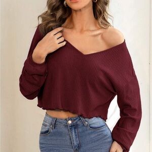 Burgundy V-Neck Ribbed Crop Top